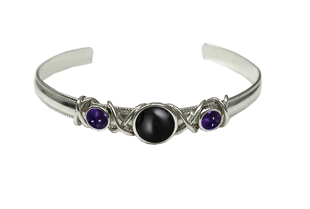 Sterling Silver Hand Made Cuff Bracelet With Black Onyx And Iolite